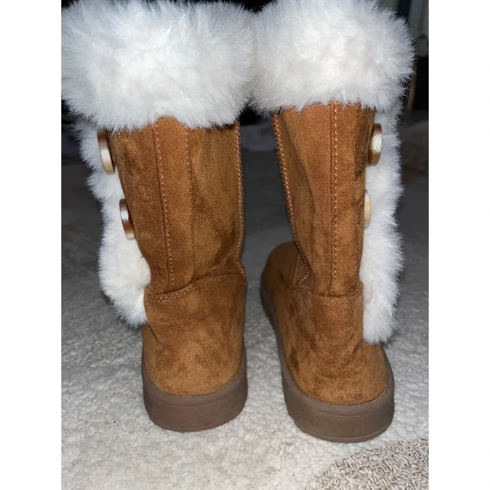 Womens Faux Suede Mid Calf Winter Boots Chestnut Brown Faux Fur Trim Buttons